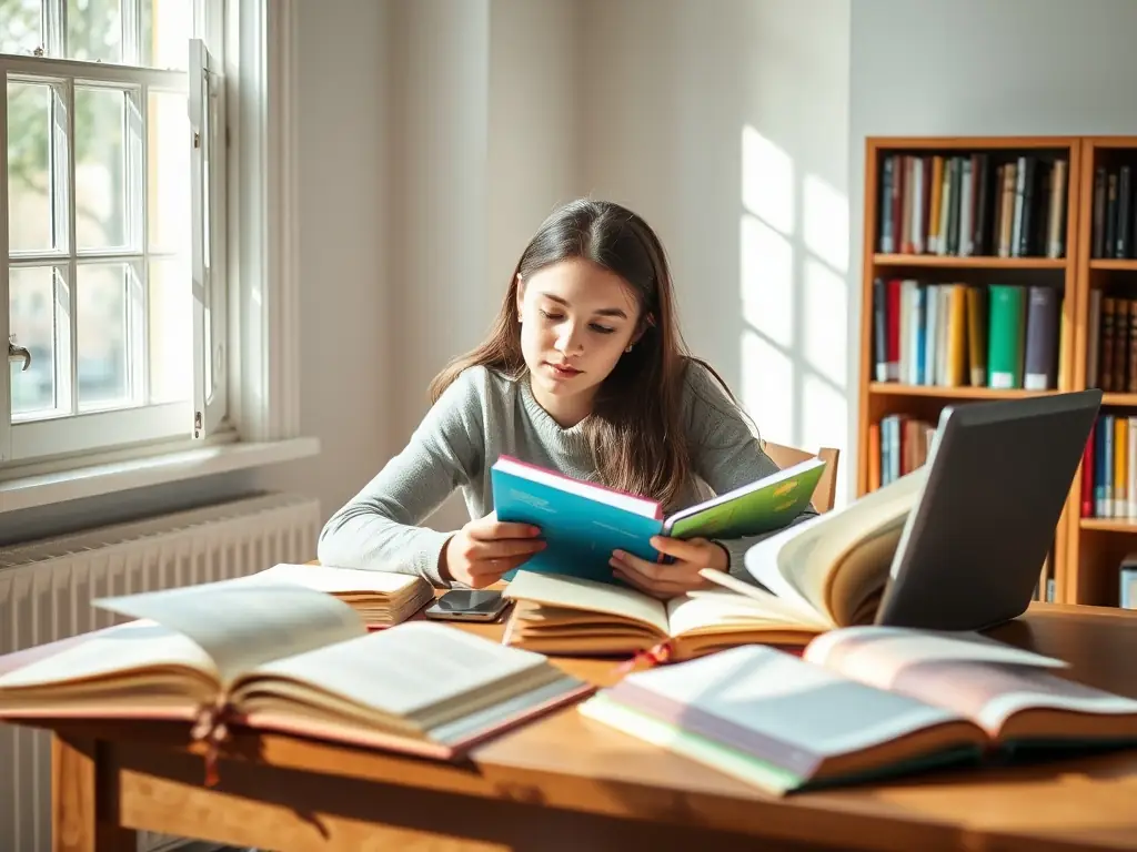 A young adult sitting at a desk with a laptop, studying with books around, representing a student visa application. The scene is bright and encouraging, symbolizing the opportunity for international education.