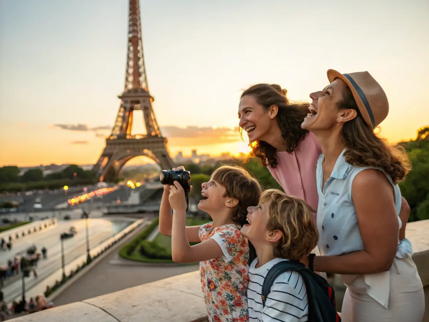 A family embracing in front of the Eiffel Tower in Paris, France, representing the family reunification visa service offered by Avalanche Salutar Immigration.