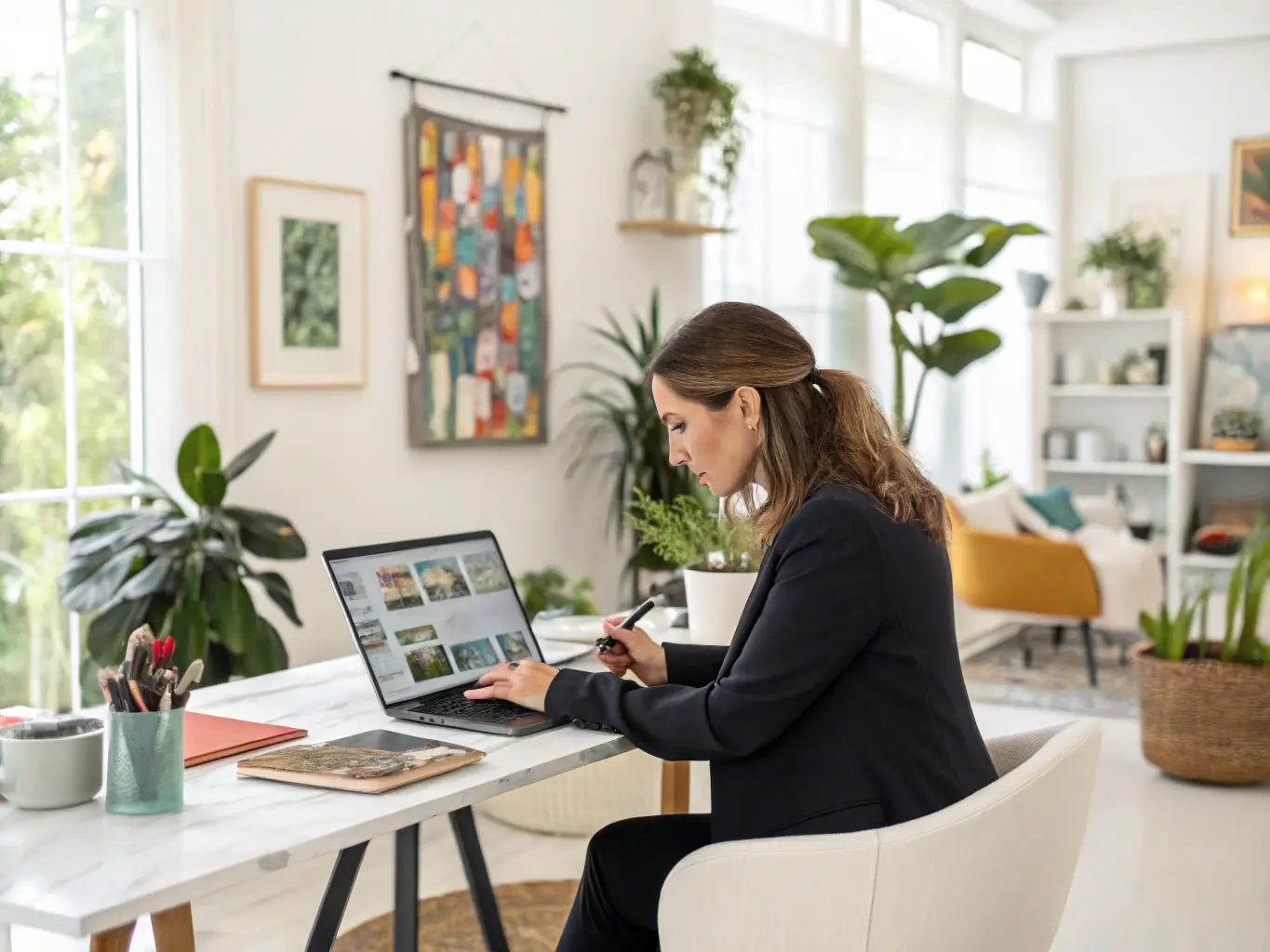 A digital nomad works on a laptop in a modern co-working space in Lisbon, Portugal. The image represents freedom and flexibility.