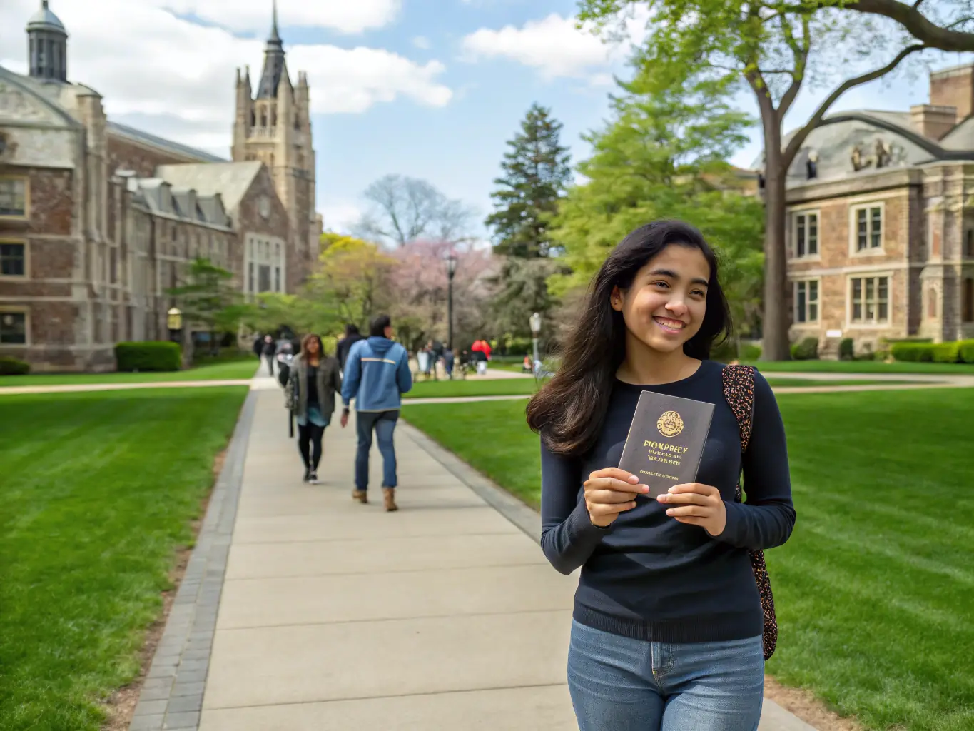A young adult smiles while holding a student visa, standing in front of a European university campus. The scene conveys excitement and opportunity.