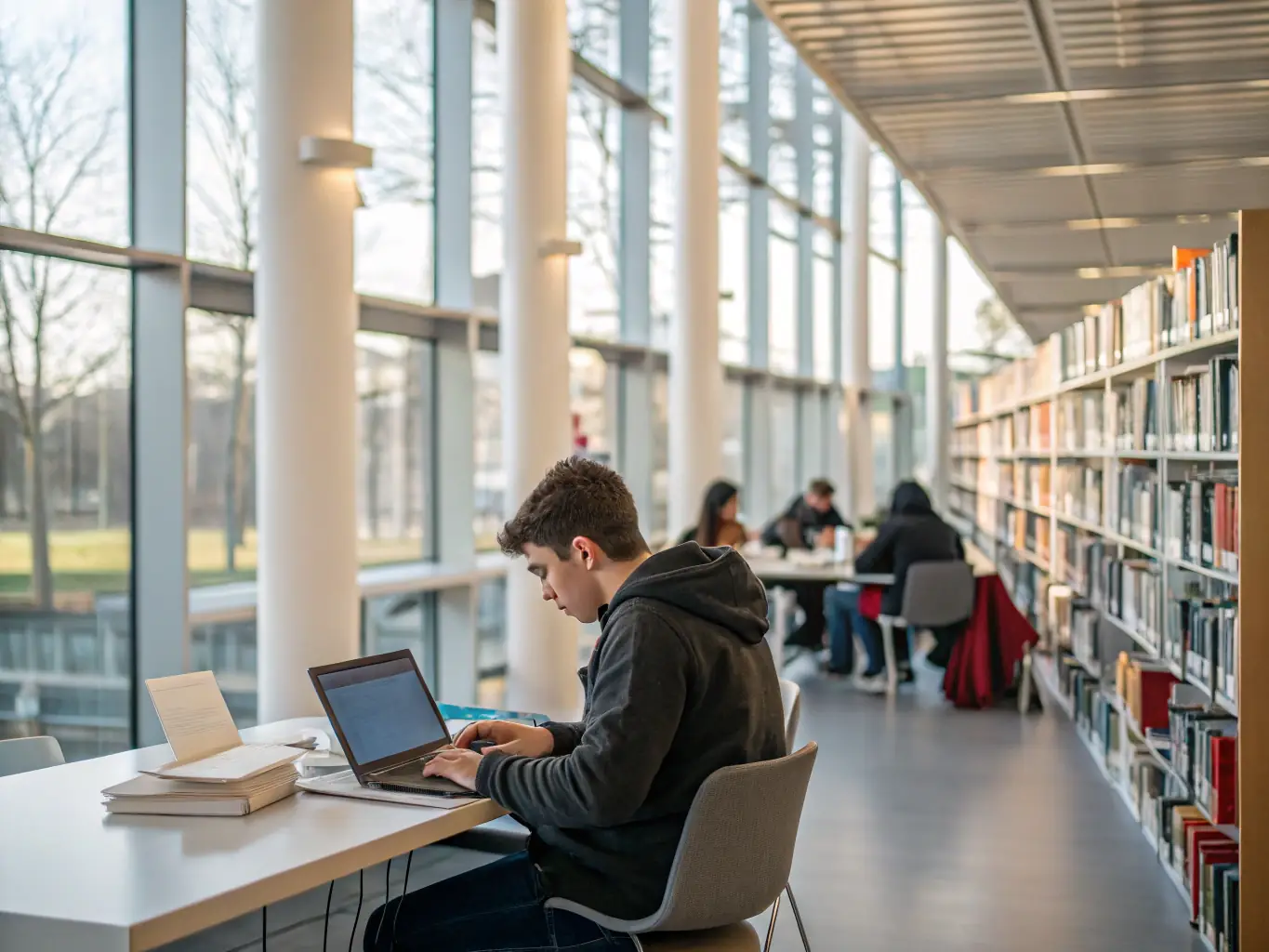 A young adult studying at a European university, with historic buildings in the background, representing the student visa service offered by Avalanche Salutar Immigration.
