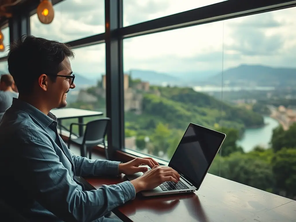 A person working on a laptop in a cafe in Lisbon, Portugal, representing the digital nomad lifestyle and the digital nomad visa. The scene is vibrant and modern, showcasing the freedom and flexibility of remote work.
